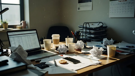 Messy office desk full of crumpled papers and coffee cupsの素材