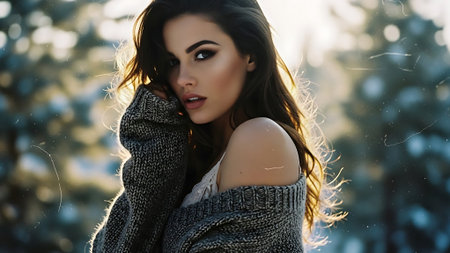 Beautiful young woman with long curly hair and glamour makeup in knitted sweater on winter forest backgroundの素材