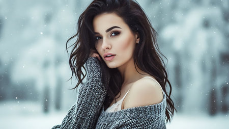 Beautiful young brunette woman in winter park. Snowfall.の素材