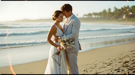Wedding couple on the beach. Bride and groom at sunsetの素材