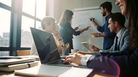 Group of business people discussing business plan at meeting in modern office.の素材