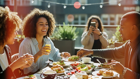 Group of friends having lunch together in a cafe. Cheerful african american woman and her friends having dinner together.の素材