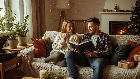 Couple in love sitting on sofa and reading a book at homeの素材