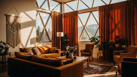 Interior of a modern living room with a large window overlooking the mountainsの素材