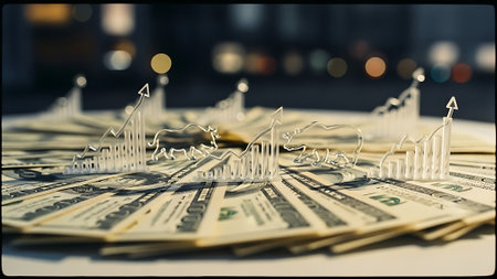 Business graph and chart on the background of dollar bills. 3d renderingの素材