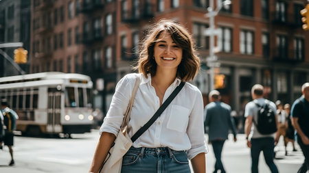 Young beautiful woman in a white blouse and jeans posing in the city.の素材