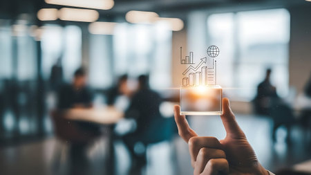 Hand holding business icon over blurred office background, business and technology conceptの素材