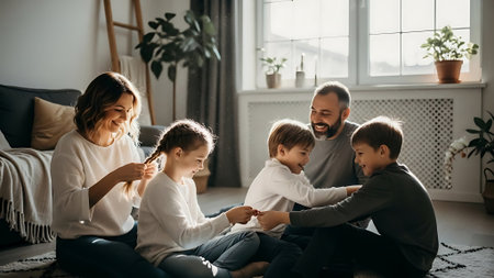 Happy family playing together at home. Mother, father and children spending time together.の素材