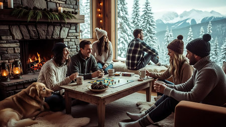 Group of friends playing board games in front of fireplace at home.の素材