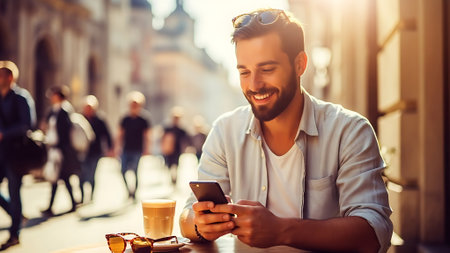 Handsome young man using mobile phone and smiling while sitting in cafe outdoorsの素材