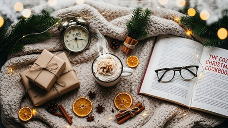 Cozy winter composition with cup of coffee, book, alarm clock, knitted plaid, christmas tree branches, gift box, glasses and garland lights. Top viewの素材