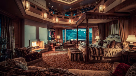 Interior of a luxury hotel bedroom with fireplace and wooden floor.の素材