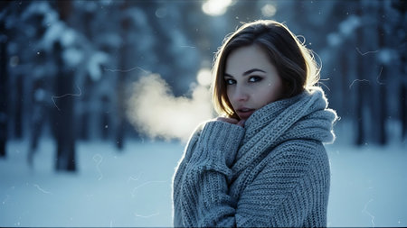 Portrait of a beautiful girl in the winter forest. The girl smokes an electronic cigarette.の素材