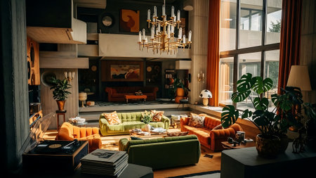 Interior of modern living room with green sofa, armchairs and coffee tableの素材