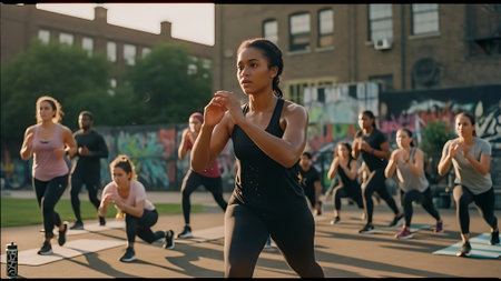 Group of young people training in the city. Group of people doing exercises outdoors.の素材