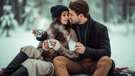Couple in love with cups of hot drink in winter forest.の素材
