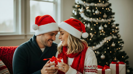 Couple in love holding a Christmas gift and looking at each otherの素材