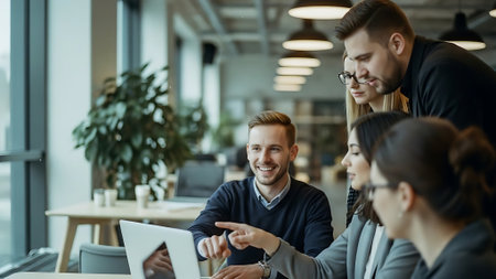 Group of young business people in smart casual wear discussing something while working in creative officeの素材