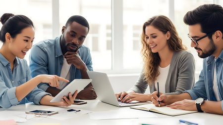 multiethnic businesspeople using digital tablet together at workplace in officeの素材