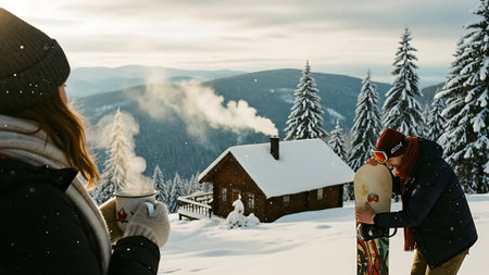 Young couple in love on a winter walk in the Carpathiansの素材