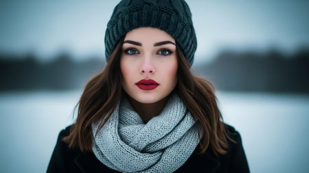 Portrait of a beautiful girl in a winter hat and scarf.の素材