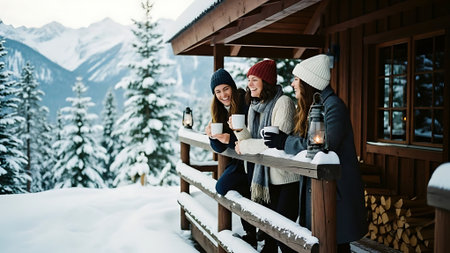 Two young women drinking hot tea on the terrace of a mountain house in winterの素材