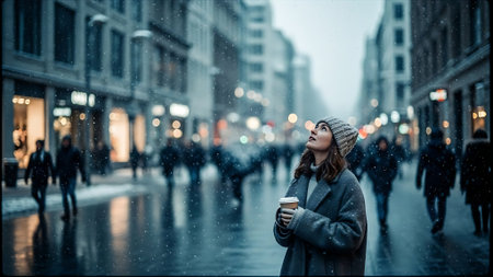 Young woman with a cup of coffee in the city at rainy dayの素材
