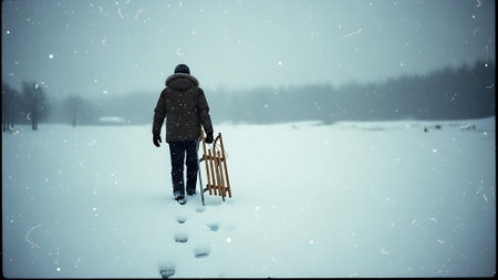 A man with a sledge walks through the snow in winter.の素材