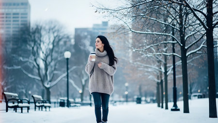 Young beautiful brunette woman in a winter park with a cup of coffeeの素材