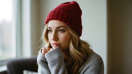 Portrait of a beautiful young woman in a red hat and sweaterの素材