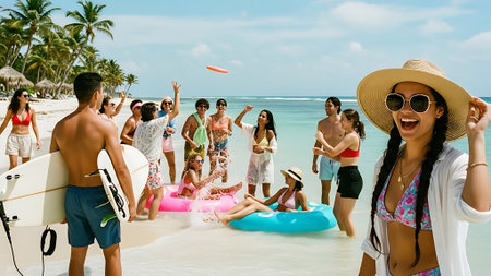 Group of friends having fun on the beach. Summer vacation concept.の素材