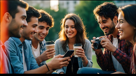 Group of friends sitting on the grass and using mobile phones, drinking coffeeの素材