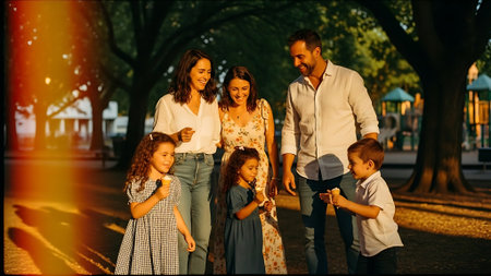 Happy family walking in the park. Mother, father and their children.の素材