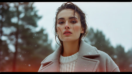 Portrait of a young woman in a pink coat in the winter forestの素材