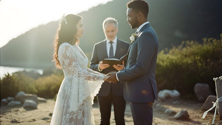 Wedding couple holding hands and looking at each other on the beachの素材