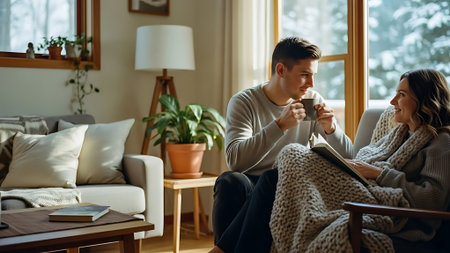 Happy young couple sitting on couch and drinking coffee in living room at homeの素材