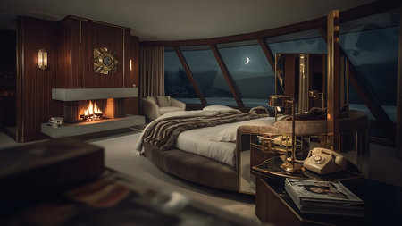 Luxury hotel bedroom interior in the evening. 3d renderingの素材