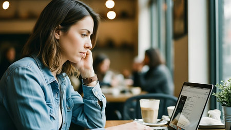 beautiful young woman using digital tablet and drinking coffee while sitting in cafeの素材