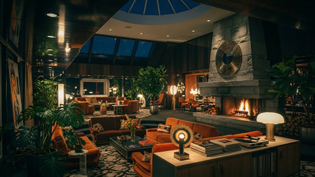 Interior of a hotel lobby with a fireplace and a coffee tableの素材
