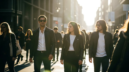 Group of young business people walking in the city on a sunny dayの素材