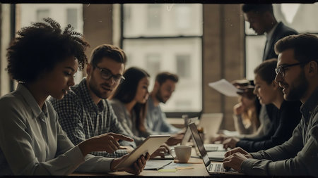 Group of young business people working and communicating together in modern office.の素材