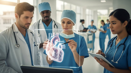 african american and european doctors using digital x-ray in hospitalの素材