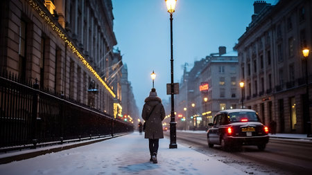 Woman walking on the street at night in winter, Moscow, Russiaの素材