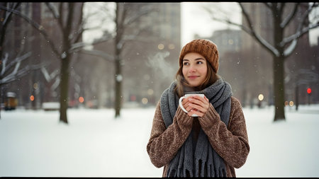 Young woman with cup of coffee in the winter park. Winter concept.の素材