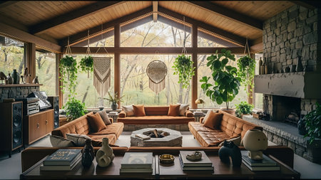 Interior of cozy living room with brown sofa, coffee table, bookshelf and fireplaceの素材