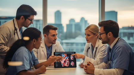 Group of doctors using digital tablet and discussing x-ray in hospitalの素材
