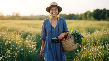 Beautiful young woman with a basket of fresh vegetables on the fieldの素材