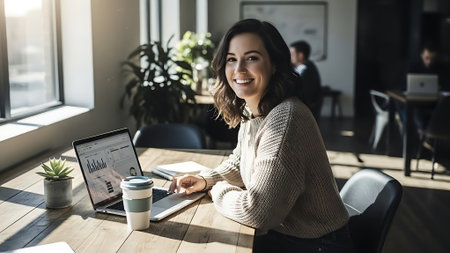 Portrait of smiling businesswoman working on laptop at workplace in officeの素材