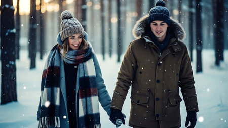 Couple in winter clothes holding hands and walking in the park.の素材