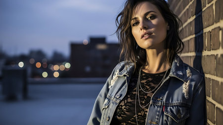 Portrait of a beautiful young brunette woman in a leather jacketの素材